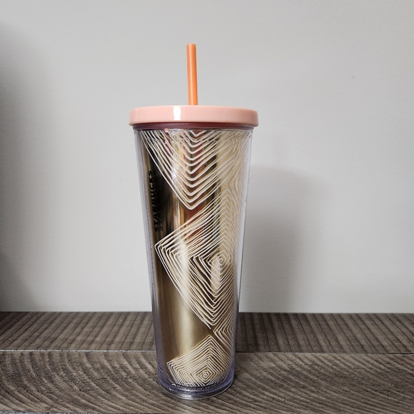 Starbucks Gold Dot Diamond Squiggly Lines Large Cold Cup Tumbler Lid Straw 24 oz - Picture 3 of 8